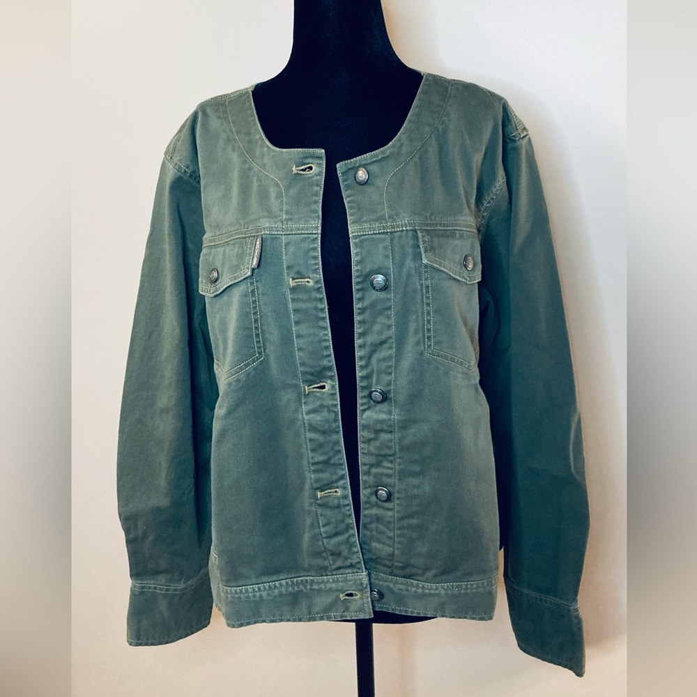Army Olive Green Denim-Style Shacket Women XL Stretch Buttons Pockets Comfort